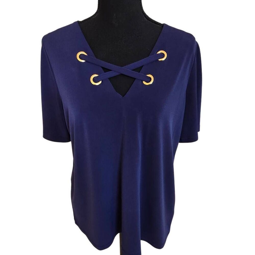 MICHAEL Michael Kors Blue Gold Grommet Lace Up Short Sleeve Top Large